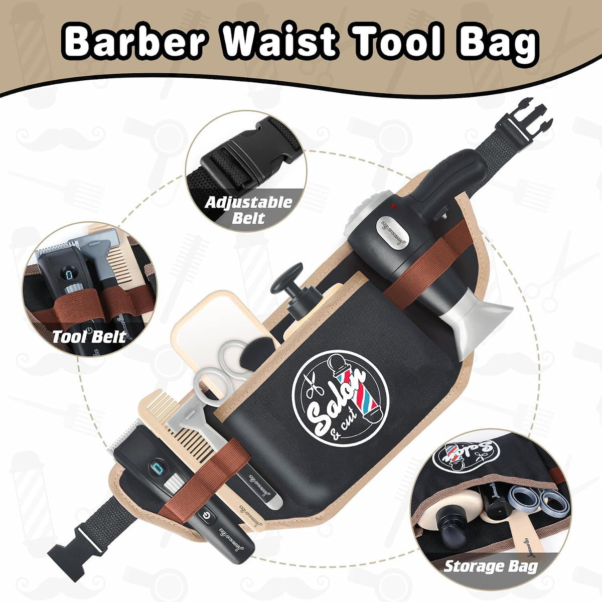 Children's pretend hairdresser toy set with tools and belt for kids ages 3 and up, featuring colorful salon accessories.