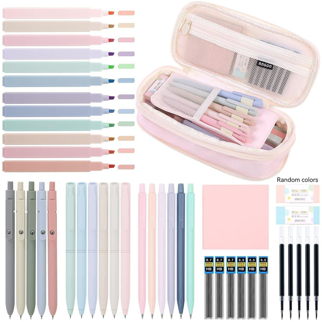 Pink 44-piece school supplies set with pastel highlighters, gel pens, and pencil case for kids, featuring colorful stationery inside.