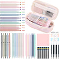 Pink 44-piece school supplies set with pastel highlighters, gel pens, and pencil case for kids, featuring colorful stationery inside.