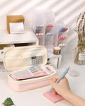 Pink 44-piece school supplies set with pastel highlighters, gel pens, and pencil case for kids, featuring colorful writing tools.