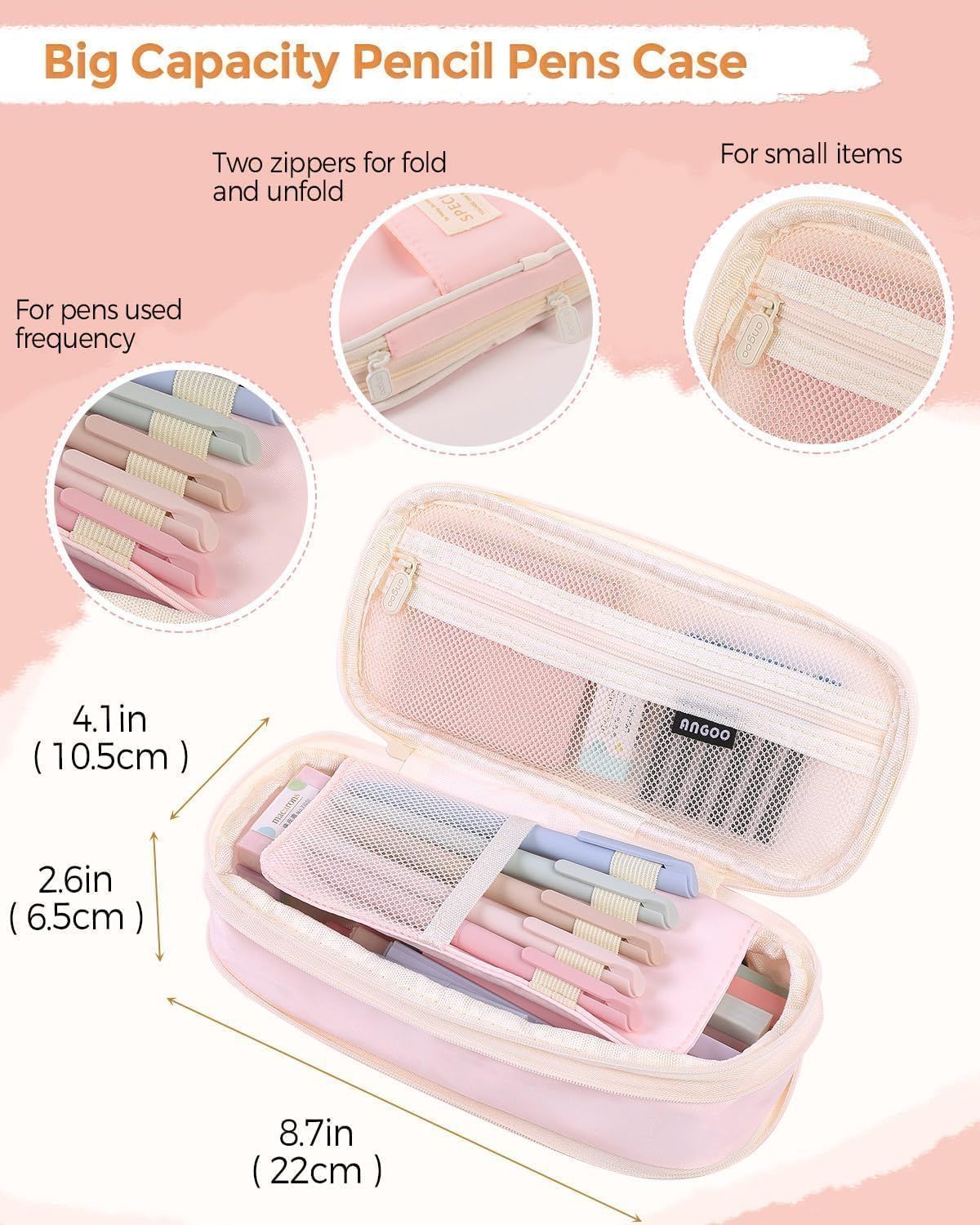 Pink 44-piece school supplies set with pastel highlighters, gel pens, and pencil case for kids, includes pens and stationery.