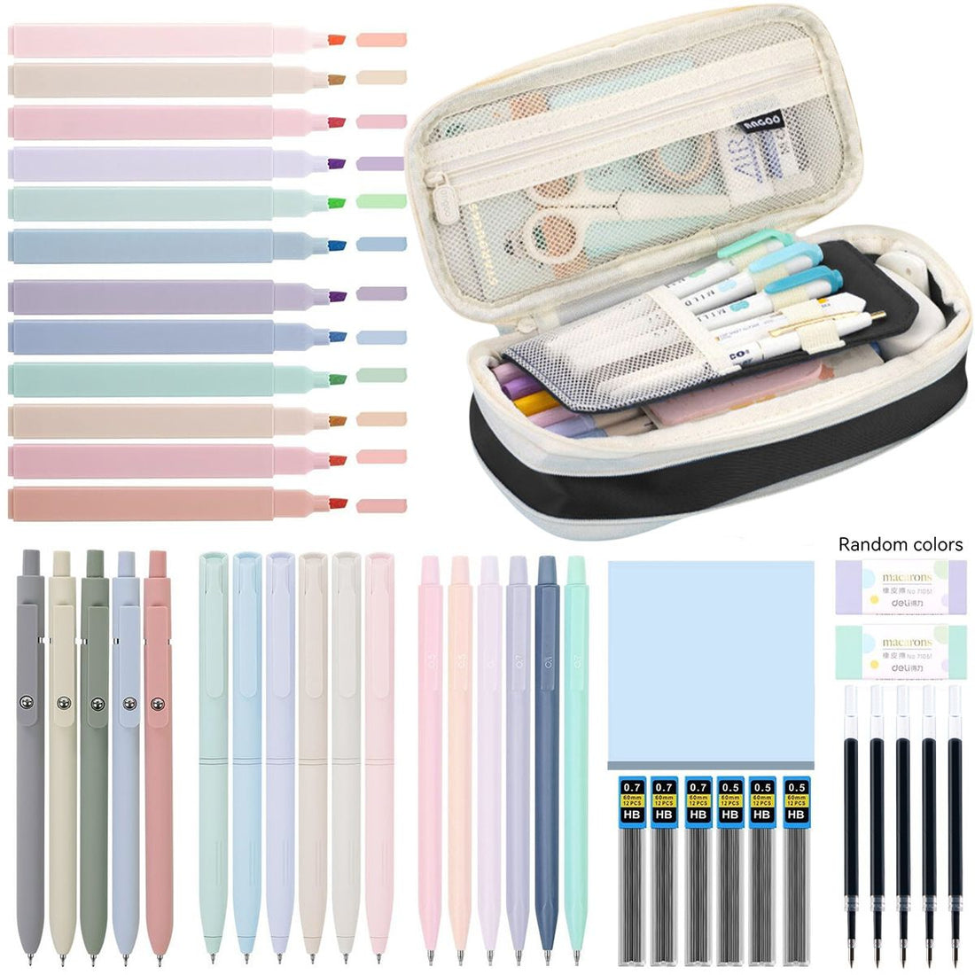 44-piece kids' school supplies set with pastel highlighters, gel pens, and a black pencil case, compact and organized for students.