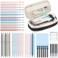 44-piece kids' school supplies set with pastel highlighters, gel pens, and a black pencil case, compact and organized for students.