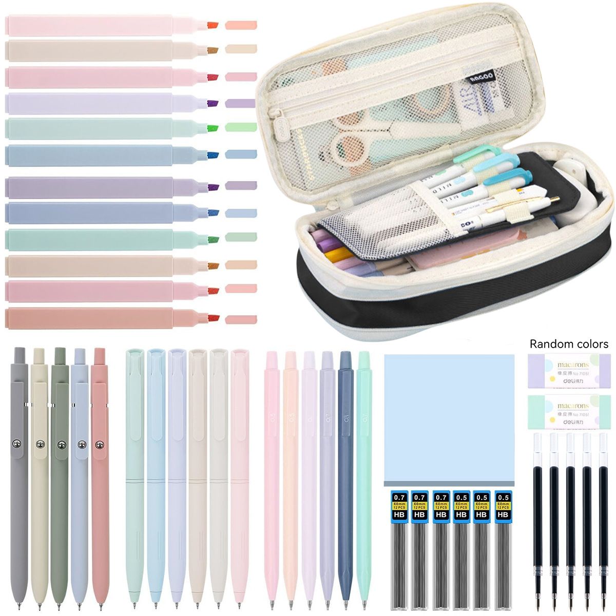 44-piece kids' school supplies set with pastel highlighters, gel pens, and a black pencil case, compact and organized for students.