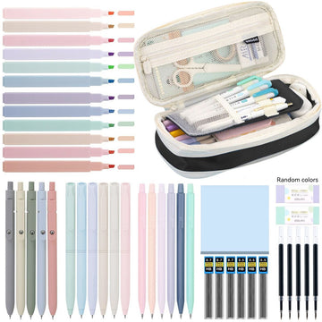 44-piece kids' school supplies set with pastel highlighters, gel pens, and a black pencil case, compact and organized for students.