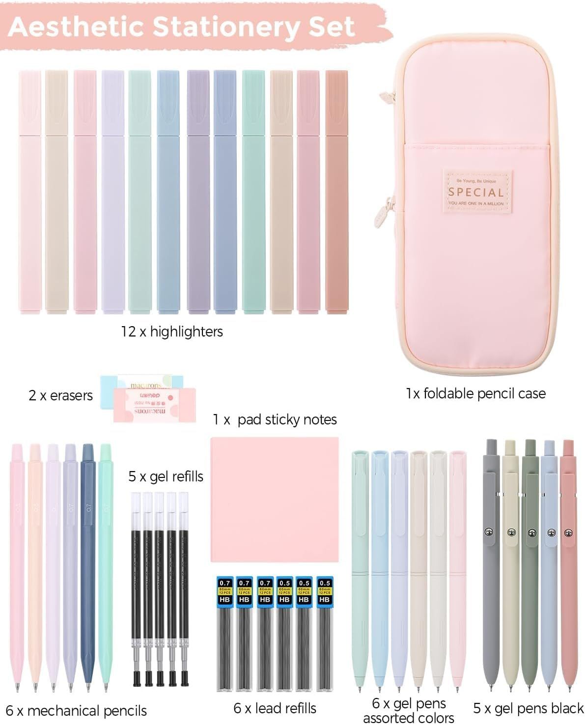 44-piece kids' school supplies set with pastel highlighters, gel pens, and a black pencil case, in a compact design.