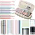 Colorful 44-piece school supplies set with pastel highlighters, gel pens, and vegetable print pencil case for kids.