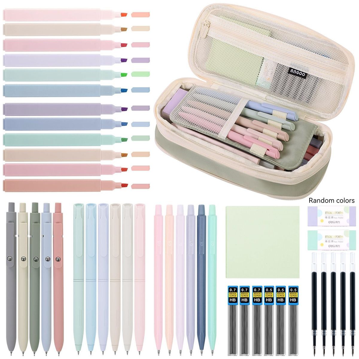 Colorful 44-piece school supplies set with pastel highlighters, gel pens, and vegetable print pencil case for kids.
