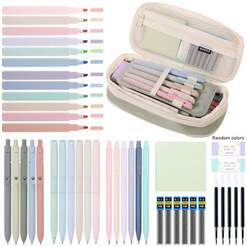 Colorful 44-piece school supplies set with pastel highlighters, gel pens, and vegetable print pencil case for kids.