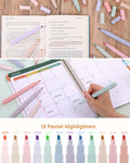 44-piece kids' school supplies set with pastel highlighters, gel pens, and vegetable print pencil case, featuring colorful stationery.