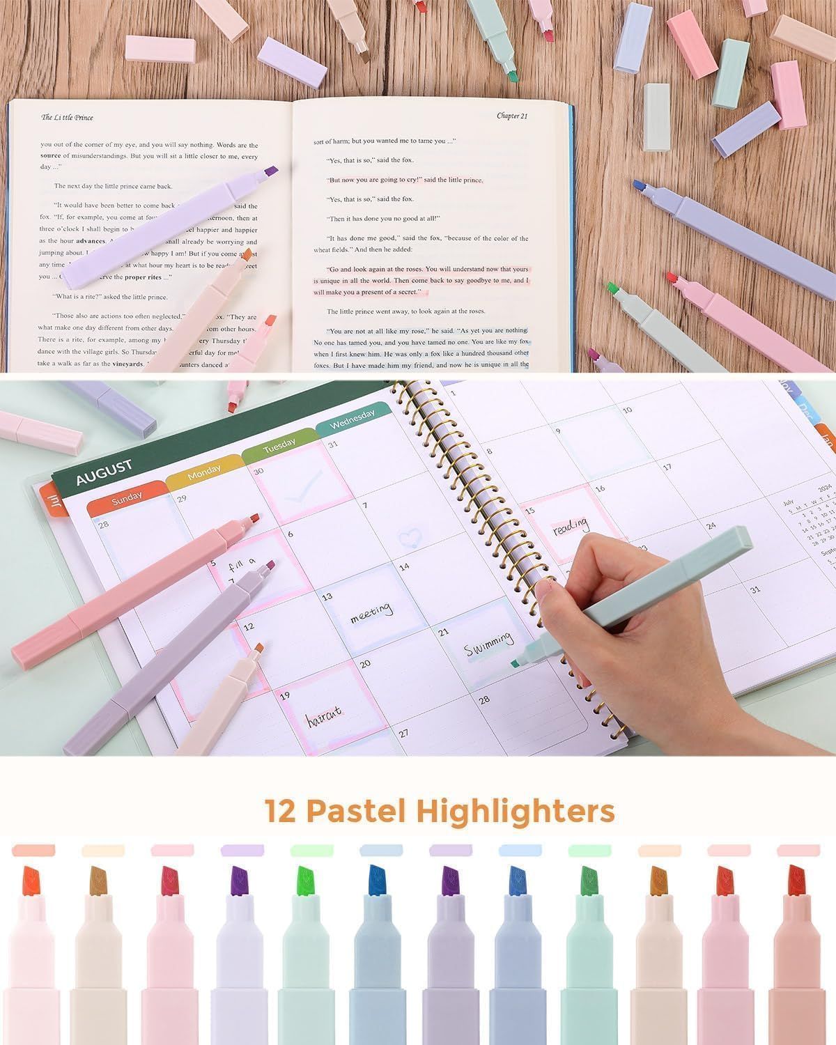 44-piece kids' school supplies set with pastel highlighters, gel pens, and vegetable print pencil case, featuring colorful stationery.