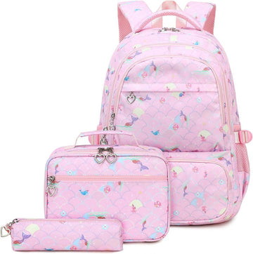 3 Piece Backpack Lunch Bag Pencil Case Set for Girls, Kids School Bookbag with Mermaid Print, Pink, 32x20x35cm