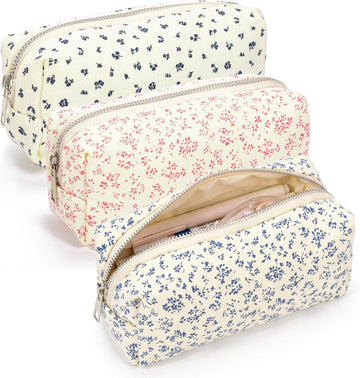 3 Pcs Floral Print Cotton Pencil Case, Cute Zipper Pencil Pouch for School Office and Makeup Bag