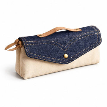 Pencil Case Stylish Canvas Pencil Pouch with Leather Handle for School Office Everyday Use, Denim Blue