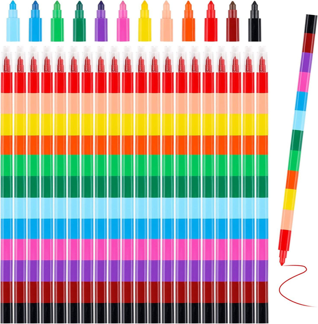 Set of 20 colorful stackable rainbow crayons from Everything Baby, perfect for kids' art, school, and birthday party DIY projects.