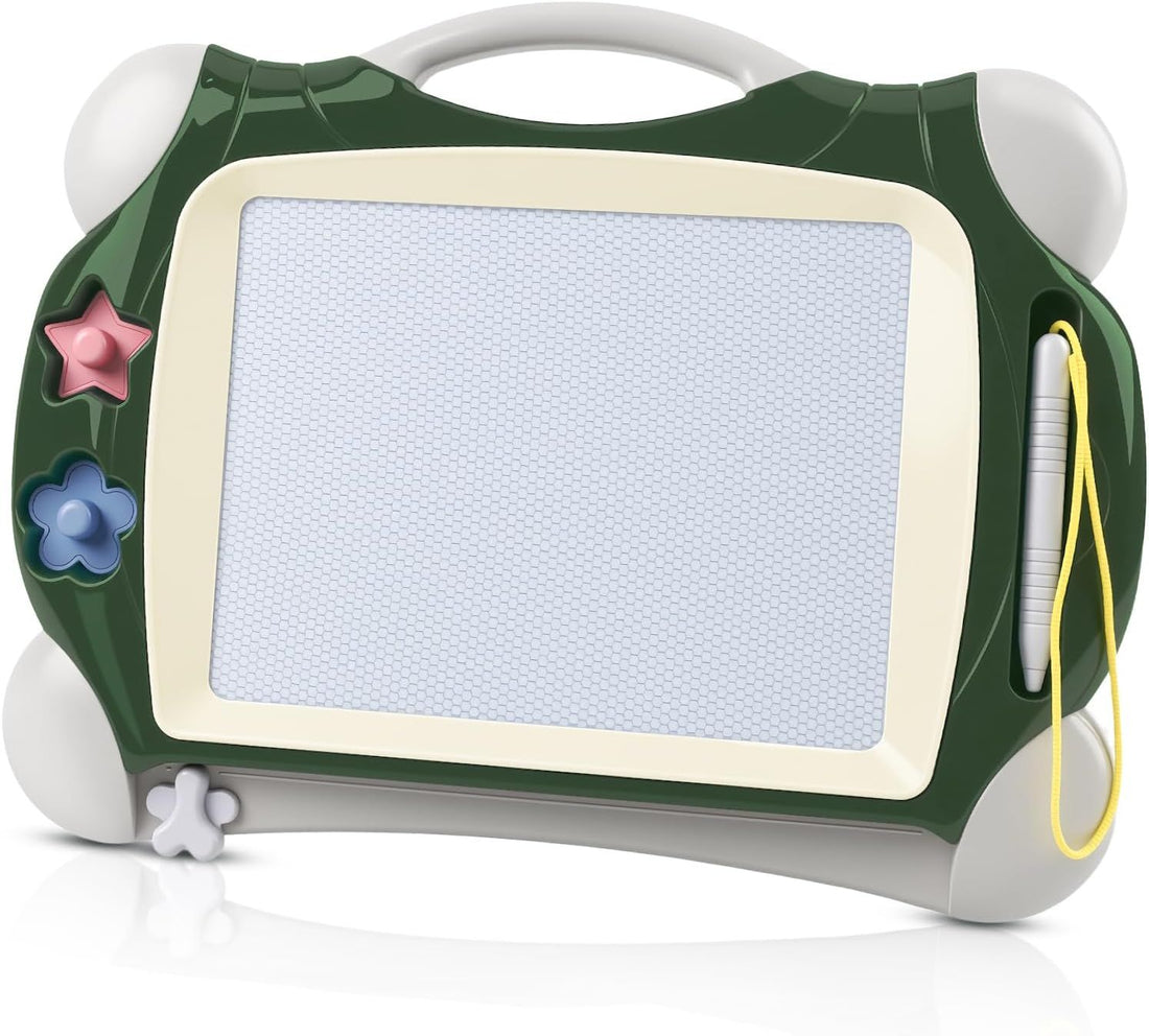 Magnetic drawing board for kids with pen, army green color, educational art and drawing toy for boys and girls.