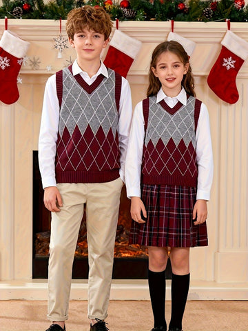 BX0007-WINE 100% Cotton Kids V-Neck Argyle Sweater Vest, Boys and Girls School Uniform Knitwear, Wine Red, Size 110