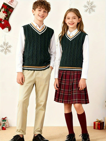 BX0009-DARK 100% Cotton Kids V-Neck Cable Knit Sweater Vest, Boys and Girls Knitwear, Dark Green, Size 140