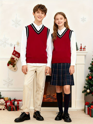 BX0011-DARK 100% Cotton Kids V-Neck Striped Sweater Vest, Boys and Girls Knitwear, Dark Red, Size 165