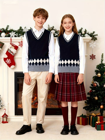 BX0012-NAVY 100% Cotton Kids V-Neck Argyle Sweater Vest, Boys and Girls Knitwear, Navy Blue, Size 170