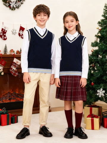 BX0026-NAVY 100% Cotton Kids V-Neck Striped Sweater Vest, Boys and Girls Knitwear, Navy Blue, Size 110