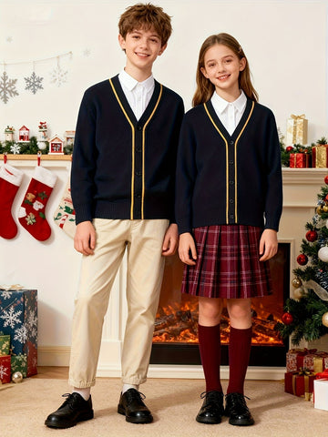 KS0007-NAVY 100% Cotton Kids V-Neck Long sleeve Button Cardigan, Boys and Girls School Uniform Knitwear, Navy Blue, Size 120