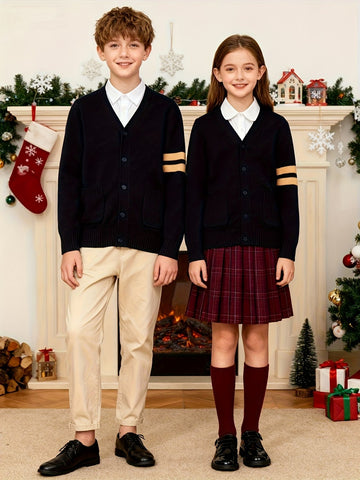 KS0015-NAVY 100% Cotton Kids V-Neck Long sleeve Button Cardigan, Boys and Girls School Uniform Knitwear, Navy Blue, Size 150
