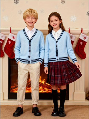 KS0017-LIGHT 100% Cotton Kids V-Neck Long sleeve Button Cardigan, Boys and Girls Knitwear, Light Blue, Size 110