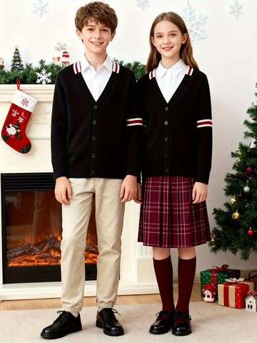 KS0019-NAVY 100% Cotton Kids V-Neck Long sleeve Button Cardigan, Boys and Girls Knitwear, Navy Blue, Size 140