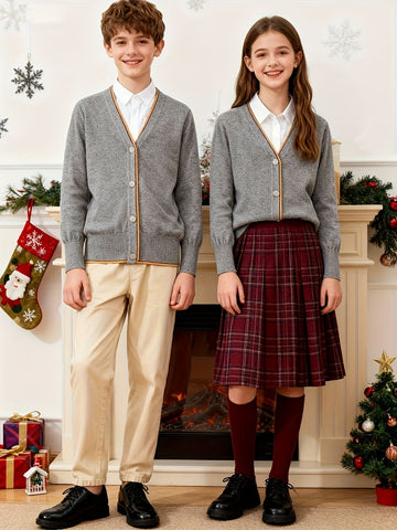 KS0022-DARK 100% Cotton Kids V-Neck Long sleeve Button Cardigan, Boys and Girls School Uniform Knitwear, Dark Grey, Size 165