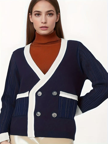 KS0025-NAVY Cotton Rich Kids V-Neck Long sleeve Button Cardigan, Boys and Girls School Uniform Knitwear, Navy Blue, Size 140