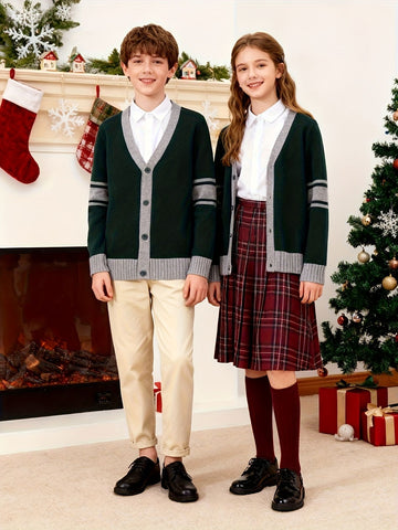 KS0034-DARK 100% Cotton Kids V-Neck Long sleeve Button Cardigan, Boys and Girls Knitwear, Dark Green, Size 150