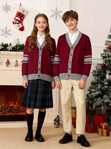KS0034-WINE 100% Cotton Kids V-Neck Long sleeve Button Cardigan, Boys and Girls Knitwear, Wine Red, Size 160