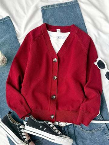 KS0036-WINE Soft Knit Blend Kids V-Neck Long sleeve Button Cardigan, Boys and Girls Knitwear, Wine Red, Size 160