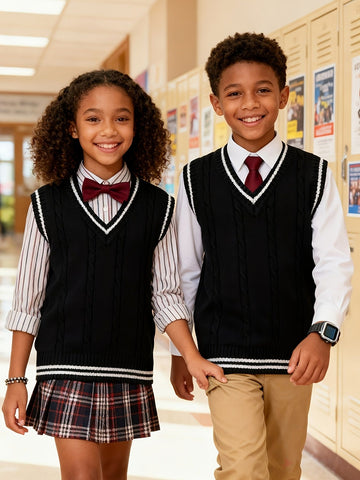 SW002-BL 100% Cotton Kids V-Neck Cable Knit Sweater Vest, Boys and Girls Knitwear, Bl, Size 110