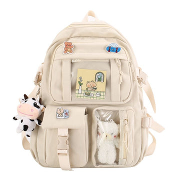 K‑Style Kids Backpack with Cute Accessories, 43×31cm Large Capacity School Backpack, Off‑White Casual Daypack for Children & Teenagers