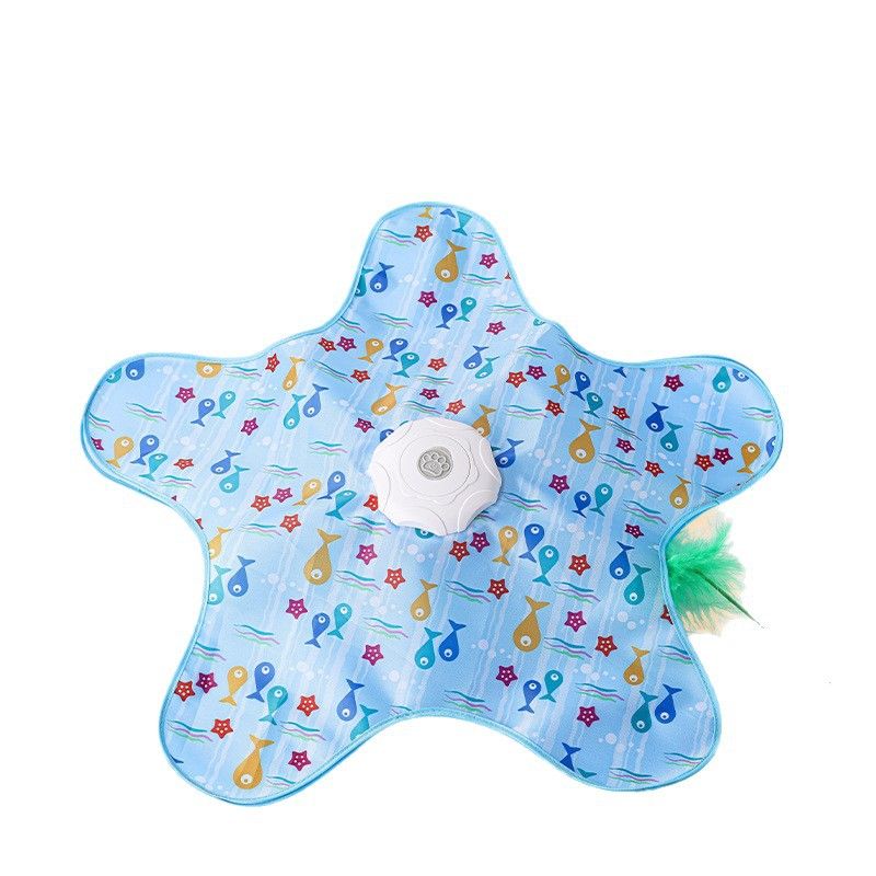 Electric rotating hide & seek cat toy with fish sticks, self-play kicker, hiding cover, USB rechargeable for indoor cats.