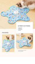 Electric rotating hide and seek cat toy with fish sticks, USB rechargeable, interactive teaser for indoor cats, includes hiding cover.
