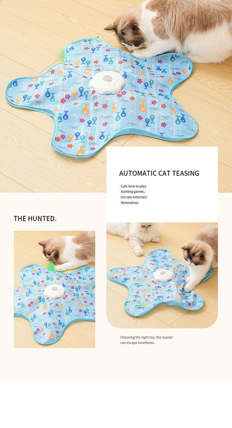 Electric rotating hide and seek cat toy with fish sticks, USB rechargeable, interactive teaser for indoor cats, includes hiding cover.