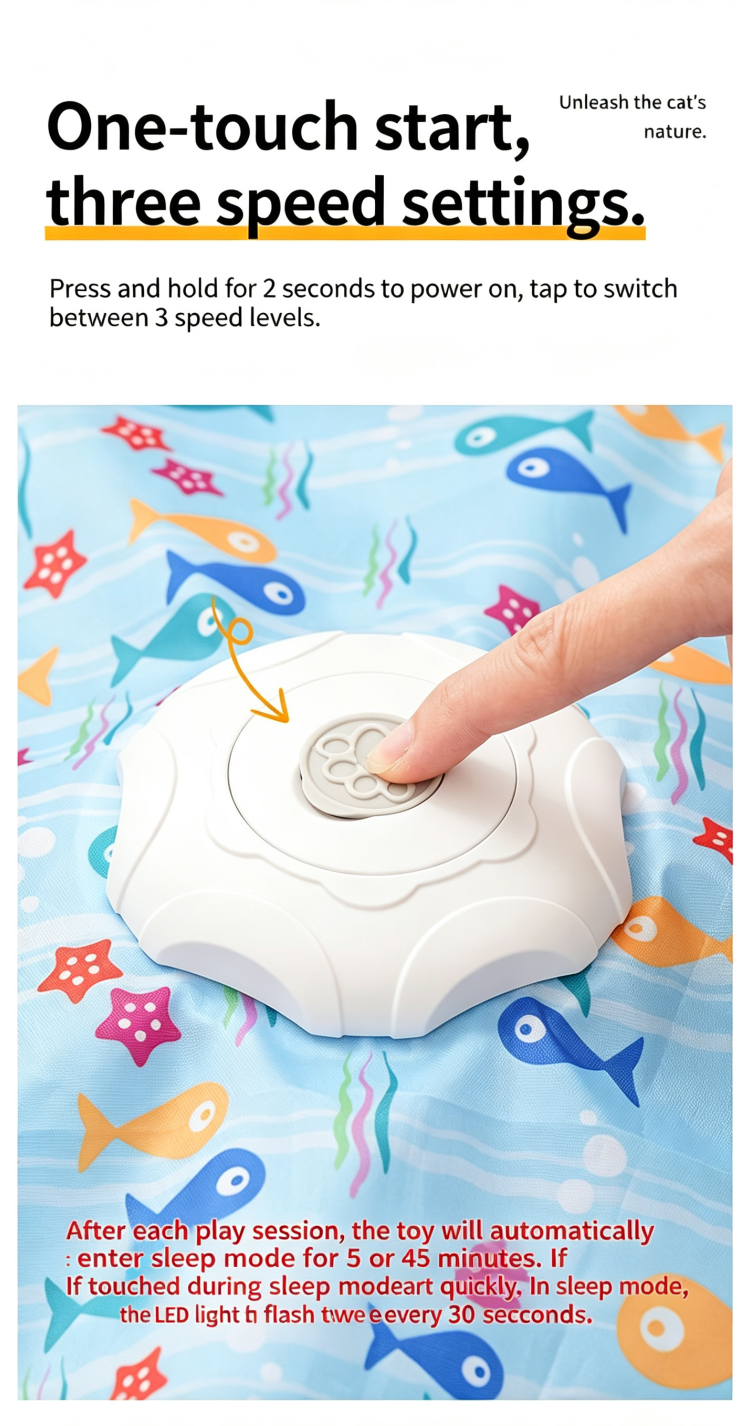 Electric rotating hide-and-seek cat toy with fish design, self-play kicker with hiding cover, USB rechargeable for indoor cats.