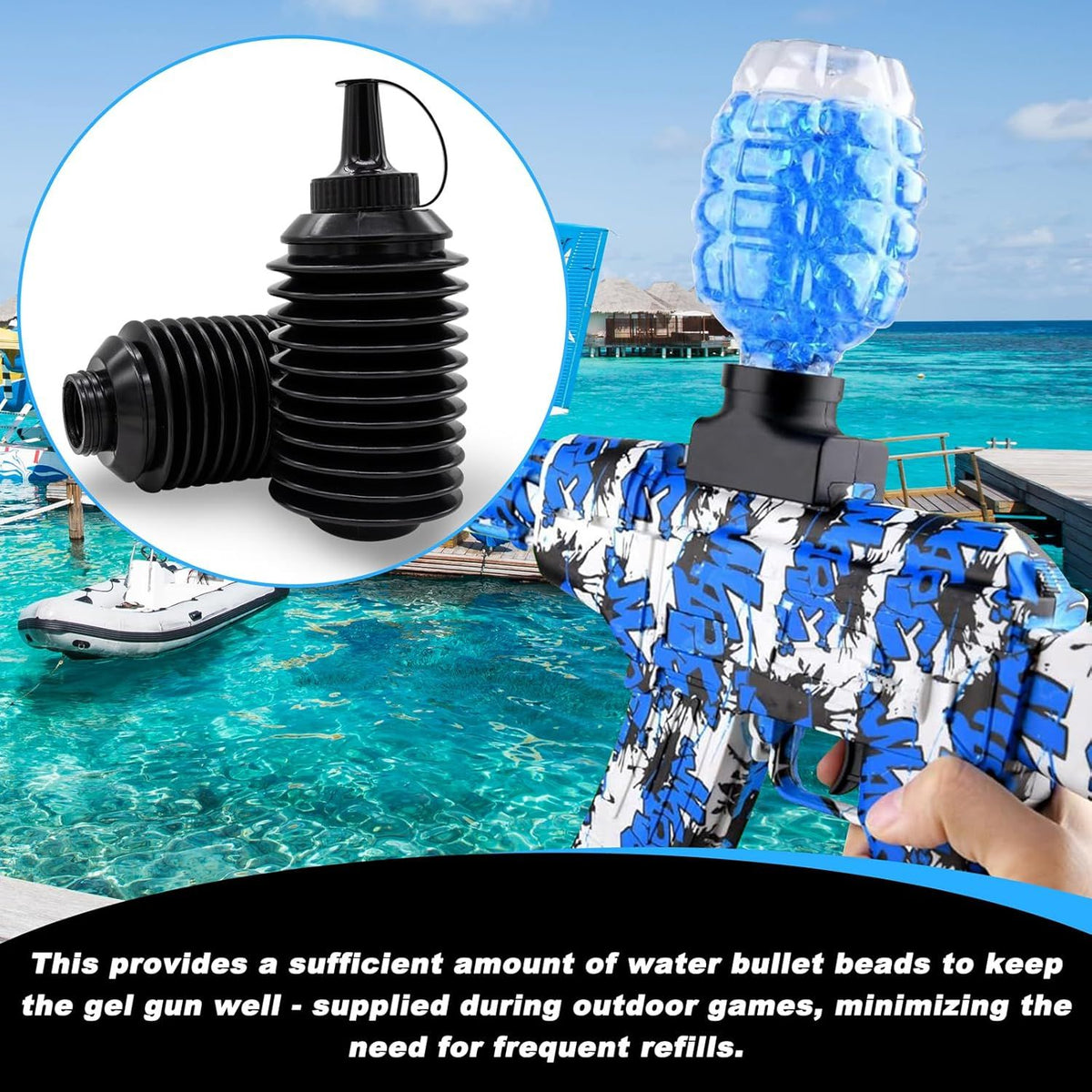 Four pack of gel ball blaster gun refill ammo bottles with plastic beads for outdoor kids' toy gel gun play.