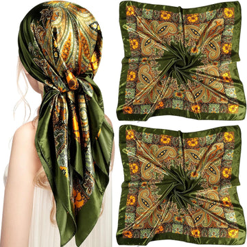 35 Inch Silky Head Scarf 2 Pcs Large Square Neck Scarf Sleeping Hair Wrapping Satin Bandana for Women