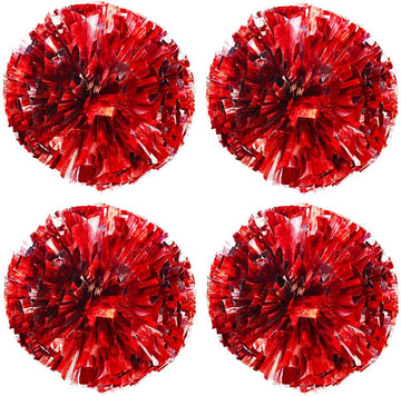 Petluno 4 Pack (2 Pair) Metallic Foil Cheerleader Pom Poms & Plastic Ring Cheer with Baton Handle Cheerleading Pompoms for Sports Party Dance Team Accessories Cheering Squad Spirit (Red Silver)