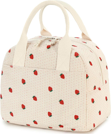 Insulated Straerry Lunch Bag for Women, Stylish Corduroy Tote with Aluminum Lining, Large Capacity Reusable Cooler for Work, Travel, Beach or Picnic, Beige Cream Water-Resistant Lunch Box