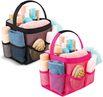 Mesh Shower Caddy Bag Bundle – Includes Black and Pink 9-Pocket Collapsible Bathroom Organizers – Lightweight, Portable Tote for Travel, Dorm, Gym, and Daily Use – Perfect for Organizing Toilet