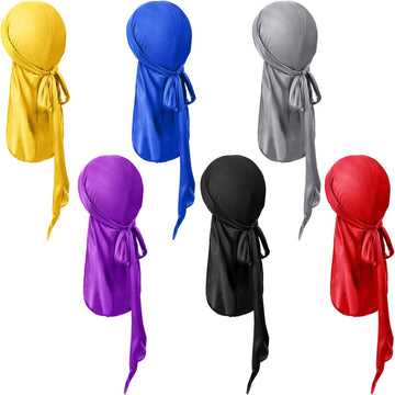 6 Pieces Kids Satin Silk Durag Caps Wave Wide Strap Headwraps Long Tail Turban Beanies for Boys Girls, Multicoloured, Medium