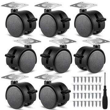 8 Pcs 1.5 Inch Plastic Furniture Wheels with Brake Swivel Replacement Wheels Small Nylon Plastic Casters for Rolling Cart Table Chair Cabinet, Black (Flat Style)