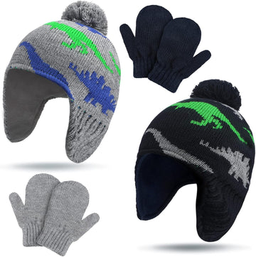 4 PCS Baby Boy Toddler Dinosaur Hat and Glove Set Boys Winter Hat Beanie Kids Gloves Winter Earflap Beanie Fleece Skiing Caps with Warm Ear Flap (Grey, Navy Blue, Green, Blue)
