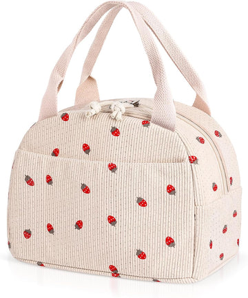 Lunch Bag for Women Girl Cute Strawberry Corduroy Lunch Tote Bags Leakproof Lunch Box Bag Large Capacity Reusable Insulated Cooler Lunch Container for Work, School, Travel or Picnic