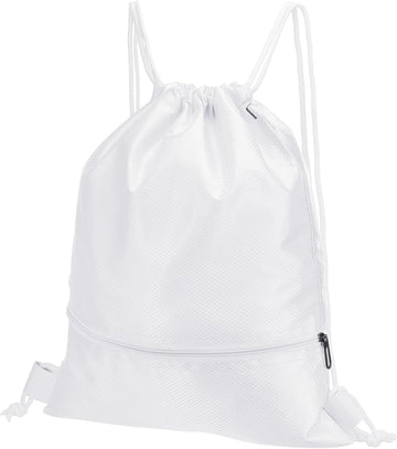 Drawstring Backpack Bag, Gym Bags String with Zip Pocket for Women Men, White -